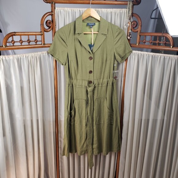 ModCloth XXS Dress Olive Green Linen Pockets Button Shirt Belt Tie Khaki NWT - Picture 3 of 15
